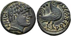 ANCIENT HISPANIA ANCIENT HISPANIA. AREKORATA. Semis. Male head with necklace right, behind SOS. Rev. Rooster right, above 2 globules, below AREKoRATaS. AE 5,31 g. 19,9 mm. I-91; ACIP-1745. Dark patina
