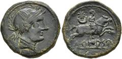ANCIENT HISPANIA ANCIENT HISPANIA. TURIASU. Semis. Head of Roma right, behind Ka. Rev. Horseman galloping right, above crescent with star, below above line TuRIASU. AE 5,48 g. 21 mm. I-2432; ACIP-1733