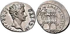 PERIOD FROM JULIUS CAESAR TO AUGUSTUS PERIOD FROM JULIUS CAESAR TO AUGUSTUS. AUGUSTUS. Denarius. Colonia Patricia (18-17 BC). Head right; S P Q R CAESARI AVGVSTO. Double triumphal arch over a viaduct,