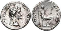 ROMAN EMPIRE ROMAN EMPIRE. TIBERIUS. Denarius. Lugdunum (36- 37 AD). Laureate bust right. TI CAESAR DIVI AVG F AVGVSTVS. Rev. Livia seated right on throne with unadorned legs and over two lines; PONTI