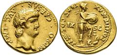 ROMAN EMPIRE ROMAN EMPIRE. NERO. Aureus. Rome (63- 64 AD). Head right. NERO CAESAR AVG IMP. Rev. Roma in military costume stepping on a helmet, with weapons at her feet and inscribing on a shield rest