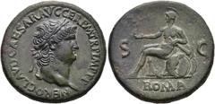 ROMAN EMPIRE ROMAN EMPIRE. NERO. Sestertius. Rome (65 AD). Laureate head right; NERO CLAVD CAESAR AVG GERM TR P IMP P P. Rev. Roma in military costume seated left on cuirass and shields, holding victo