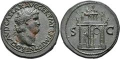 ROMAN EMPIRE ROMAN EMPIRE. NERO. Sestertius. Lugdunum (62- 68 AD). Laureate head right; NERO CLAVD CAESAR AVG GERM TR P IMP P P. Rev. Triumphal arch decorated with reliefs and sculptures; at the top t