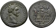 ROMAN EMPIRE ROMAN EMPIRE. DOMITIAN. Sestertius. Rome (86 AD). Laureate head with aegis right; IMP CAES DOMIT AVG GERM COS XII CEN PER P P. Rev. Domitian, right, shakes hands with a soldier with two m