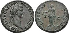 ROMAN EMPIRE ROMAN EMPIRE. NERVA. Sestertius. Rome (97 AD). Laureate head right. IMP NERVA CAES AVG P M TR P II COS III P P.Rev. Libertas with pileus and sceptre, S C, LIBERTAS PVBLICA. AE 28.23 g. 34