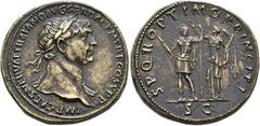ROMAN EMPIRE ROMAN EMPIRE. TRAJAN. Sestertius. Rome (103-111). Laureate and draped head at shoulder right; IMP CAES NERVAE TRAIANO AVG GER DAC P M TR P COS V P P. Rev. Trajan in military costume left,