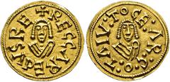 VISIGOTHIC KINGDOM VISIGOTHIC KINGDOM. RECCARED I. Tremissis. Cesaracosta. AU 1.48 g. 16.5 mm. CNV-120.2 (obverse) y 120.10 (reverse). EF. Rare. / REINO VISIGODO. RECAREDO I. Tremissis. Cesaracosta. A