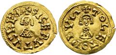 VISIGOTHIC KINGDOM VISIGOTHIC KINGDOM. SISEBUT. Tremissis. Toleto. AU 1.36 g. 18.2 mm. CNV-229. Small crack. VF+/ EF-. Scarce. / REINO VISIGODO. SISEBUTO. Tremissis. Toleto. AU 1,36 g. 18,2 mm. CNV-22