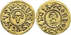 VISIGOTHIC KINGDOM VISIGOTHIC KINGDOM. RECCESVINTH. Tremissis. Corduba. AU 1.37 g. 18.9 mm. CNV-443. 1; Chaves-294, same item. Minor marks. EF. Very rare. / REINO VISIGODO. RECESVINTO. Tremissis. Cord
