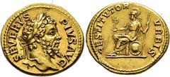 COLLECTION OF IMPERIAL AUREI COLLECTION OF IMPERIAL AUREI. SEPTIMIUS SEVERUS. Aureus. Rome (202-210). Laureate head right; SEVERVS PIVS AVG. Rev. Roma seated on shield with spear and palladium; RESTIT