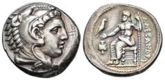 GRECIA ANTIGUA GRECIA ANTIGUA. Alejandro III. MACEDONIA. Anfípolis. Tetradracma. A/ R/ Delante del trono aríbalo con doble cabeza. AR 17,13 g. 26,7 mm. Price-6. Dos rayitas en anv. MBC+.