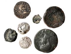 7 piezas: dracma incuso, Ampurias; denario, Bascunes; as, Castulo; as, Obulco; semis, Tarraco; semis, Corduba; 1/4 de calco. BC+/MBC-.