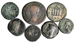 Dupondio, ases (4), semis (2): Acci, Colonia Rómula, Iulia Traducta (2), Emérita Augusta, Colonia Patricia e Irippo. Total 7 piezas. Calidad media BC+.