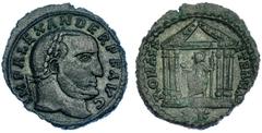 Imperio Romano ALEJANDRO DE CARTAGO. Follis. Cartago (308-310). A/ Busto laureado a der.; IMP. ALEXANDER P. F. AVG. R/ Roma sentada de frente con la cabeza a izq., sosteniendo globo y cetro, dentro de