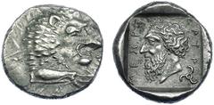 Grecia Antigua LYCIA. Mithrapata. Antiphellos. Estátera (390-370 a.C.). A/ Parte delantera de león rugiendo a der. R/ Busto barbado de Mithrapata a izq.; MI-THRA-PATA; trisquel en parte inferior der. 