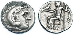 Grecia Antigua MACEDONIA. Alejandro III. Lampsacus (328-323 a.C.). Dracma. R/ Monograma en el campo y bajo el trono. AR 4,59 g. PRC-1412. MBC.