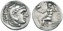 Grecia Antigua MACEDONIA. Alejandro III. Ceca incierta (325-310 a.C.). Dracma. R/ Aplustre en el campo y monograma bajo el trono. AR 4,27 g. PRC-862. SBG-6730 vte. MBC.