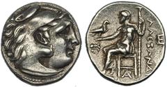 GRECIA ANTIGUA ALEJANDRO III. MAGNESIA. Dracma (305-297 a.C.). R/ Zeus entronizado a izq. con águila y cetro, cabeza de león a la izq. y monogramas a der y bajo el trono. AR 4,27 g. PRC-1991. MBC+.