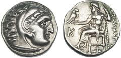 Grecia Antigua MACEDONIA. Alejandro III. Dracma. Colophon. (310-301 a.C.) R/ Zeus entronizado a izq.; símbolos K y F. AR 4,36 g. PRC-1823. MBC+.