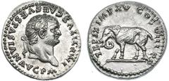Imperio Romano TITO. Denario. Roma (80). A/ Cabeza laureada a der.; IMP TITVS CAES VESPASIAN AVG P M. R/ Elefante a izq.; TR. P. IX. IMP. XV. COS. VIII. P. P. RIC-22a. SC. B.O. Escasa.