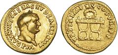 Imperio Romano TITO. Áureo. Roma (80). A/ Cabeza laureada a der.; IMP TITVS CAES VESPASIAN AVG P M. R/ Dos sillas curules, encima corona; TR P IX IMP XV COS VIII P P. RIC-25a. MBC.