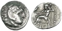 GRECIA ANTIGUA MACEDONIA. ALEJANDRO III. Dracma. Colofón (c. 319-310 a.C.). R/ Delante del trono monograma y delante S W. AR 4,18 g. PRC-1792. Erosiones en anv. MBC-/MBC.