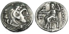 GRECIA ANTIGUA MACEDONIA. ALEJANDRO III. Dracma. Colofón (c. 323-319 a.C.). R/ Debajo del trono B, delante de Júpiter N. AR 4,24 g. PRC-1800. Leve oxidación. MBC.