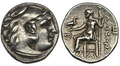 GRECIA ANTIGUA MACEDONIA. A nombre de Alejandro III. Dracma. Magnesia (305-297 a.C.). R/ Delante del trono cabeza de león, debajo monograma y detrás E. AR 4,27 g. PRC-1991. MBC+.