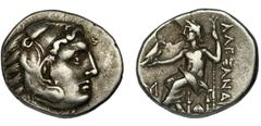 GRECIA ANTIGUA MACEDONIA. Alejandro III. Dracma. R/ Delante del trono M?, debajo símbolo incierto. Hoja en rev. MBC.