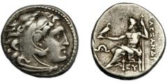 GRECIA ANTIGUA. MACEDONIA. A nombre de Alejandro III. Dracma. Mylasa (310-301 a.C.). R/ Delante monnograma omega y x y debajo del trono EY. PRC-2479. AR 4,2 g. 16,3 mm. MBC-/BC+.