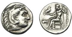 GRECIA ANTIGUA. MACEDONIA. Antígono I. Dracma. A nombre de Alejandro III. Lampsakos (310-301 a.C.). A/ Cabeza con leonté a der. R/ Zeus entronizado a izq. con águila y cetro; a der. ΑΛEΞANΔPOY, a izq.