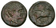 Hispania Antigua HISPANIA ANTIGUA. KESE. Semis. A/ Cabeza masculina con cuello vestido a der., detrás timón. R/ Caballo avanzando a der. con rienda suelta, debajo sobre línea KeSE. AE 6,55 g. 18,7 mm.