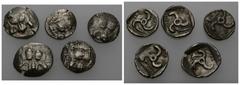 Grecia Antigua GRECIA ANTIGUA LICIA. Mitradata. Lote de 5 dióbolos (460-360 a.C.). A/ Cabeza frontal de león. R/ Trisqueles en cuadrado incuso. MBC-/MBC.
