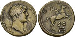 IMPERIO ROMANO. ADRIANO. Dupondio. Roma (124-125). A/ Cabeza radiada a der.; HADRIANVS AVG(VSTVS). R/ Pegaso a izq., debajo SC/III COS. AE 15,45 g. 26,3 mm. RIC-747. MBC-.