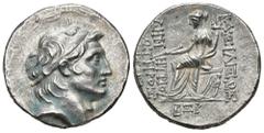 GRECIA ANTIGUA. REINO SELÉUCIDA. Demetrio I (162-150 a.C.). Tetradracma. Antioquía del Orontes. A/ Cabeza diademada a der., alrededor láurea. R/ Tyche entronizada a izq. con cetro y cornucopia; en cam