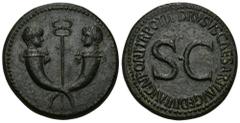 IMPERIO ROMANO. DRUSO (bajo Tiberio). Sestercio. Roma (22-23 d.C.). A/ Dos cornucopias cruzadas con las cabezas afrontadas de Tiberio y Germánico, en medio caduceo alado. R/ S C, alrededor DRVSVS CAES