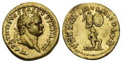 IMPERIO ROMANO. TITO. Áureo. Roma (79 d. C.). A/ Cabeza laureada a der.; IMP TITVS CAES VESPASIAN AVG P M. R/ Cautivo arrodillado a der. delante de trofeo; TR P V IIII IMP XIIII COS VII. AU 7,32 g. 19