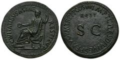 IMPERIO ROMANO. TITO. Restitución de Tiberio. Sestercio. Roma (80-81 d.C.). A/ Tiberio togado con pátera y cetro sentado en silla curul a izq.; CIVITATIBVS ASIAE RESTITVT. R/ S C, encima REST; IMP T C