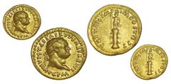 TITO. Aureo. Roma. A/ Cabeza laureada de Tito a dcha. Ly.: IMP TITVS CAES VESPASIAN AVG PM. R/ Estatua de frente con lanza, sobre una columna. Ly.: TRP VIIII IMP XIIII COS VII PP. CA-757, RIC-117-10. 