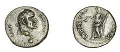 GALBA. Denario. Tarraco. A/ Busto laureado de Galba a dcha; debajo globo. Ly.: IMP GALBA. R/ Libertad de pié a izq. con "pileus" y cetro. Ly. LIBERTAS (PV)BLICA. SII-118. RARA. MBC