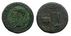 CALÍGULA. Sestercio. A/ Cabeza laureada de Calígula a izq. Ly.: C.CAESAR AVG GERMANICVS PON M TR POT. R/ Calígula a izq. sobre plataforma, arengando a cinco soldados, encima ADLOCVT, en exergo COH. SM