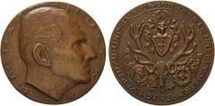 Thematische Medaillen und Plaketten Numismatik und Prägetechnik Bronzegussmedaille o.J. (1950) (W. Jüngermann) Richard Hueck (1893-1966). Kopf nach rechts / Behelmtes Wappen über Hirschgeweih mit Schä