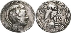 Griechische Münzen Attika Athen Tetradrachme 180/79 v. Chr. Kopf der Athene nach rechts / Eule auf Amphore, rechts Füllhorn Thompson 117 b 16.66 g. Leicht bearbeitet, sehr schön
