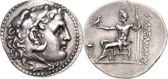 Griechische Münzen Makedonien Könige von Makedonien Philippos V Tetradrachme um 180 v. Chr Pella Im Namen von Alexander III. Kopf des Herakles im Löwenfell nach rechts / Zeus mit Adler sitzt auf Thron