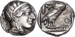 Griechische Münzen Attika Athen Tetradrachme 420/405 v. Chr. Athenakopf mit attischem Helm nach rechts / Eule mit frontalem Kopf nach rechts stehend, Olivenzweig und Mondsichel BMC 62 SNG Cop. 37 Leic
