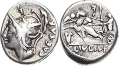 Römische Münzen Römische Republik L. Iulius Caesar, 103 v. Chr Denar Marskopf mit Helm nach links, CAESAR / Venus mit Szepter in Eroten-Biga nach links, darunter Lyra, L IVLI L F Cr. 320/1 Syd. 593 a 