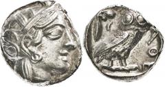 Griechische Münzen Attika Athen Tetradrachme 454-404 v. Chr.. 17,14 g. Kopf der Athena mit attischem Helm nach rechts / Eule nach rechts, oben Olivenzweig und Halbmond, alles im Quadratum Incusum. Ohn