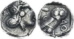 Griechische Münzen Attika Athen Tetradrachme 420-405 v. Chr. Athenekopf mit attischem Helm nach rechts / Eule nach rechts, oben Olivenzweig und Halbmond, alles im Quadratum incusum. BMC - (vgl. 138), 