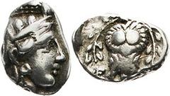 Griechische Münzen Attika Athen Hemidrache 400 v. Chr. Kopf der Athena mit attischem Helm nach rechts / Von Olivenzweigen flankierte Eule, EIAIQ. BMC 16.162 ff, SNG Cop. 70. Sehr schön