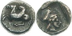 Griechische Münzen Korinth Korinthos Korinthos Drachme 540-510 v.Chr. 2,77 g. Athenakopf in Incusum nach rechts / Pegasus nach links, darunter Mzz. BMC 87, SNG Cop. 12. Selten, sehr schön